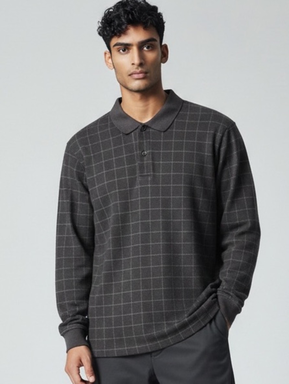 Izod Men's Long Sleeve Polo in Charcoal Gray Windowpane